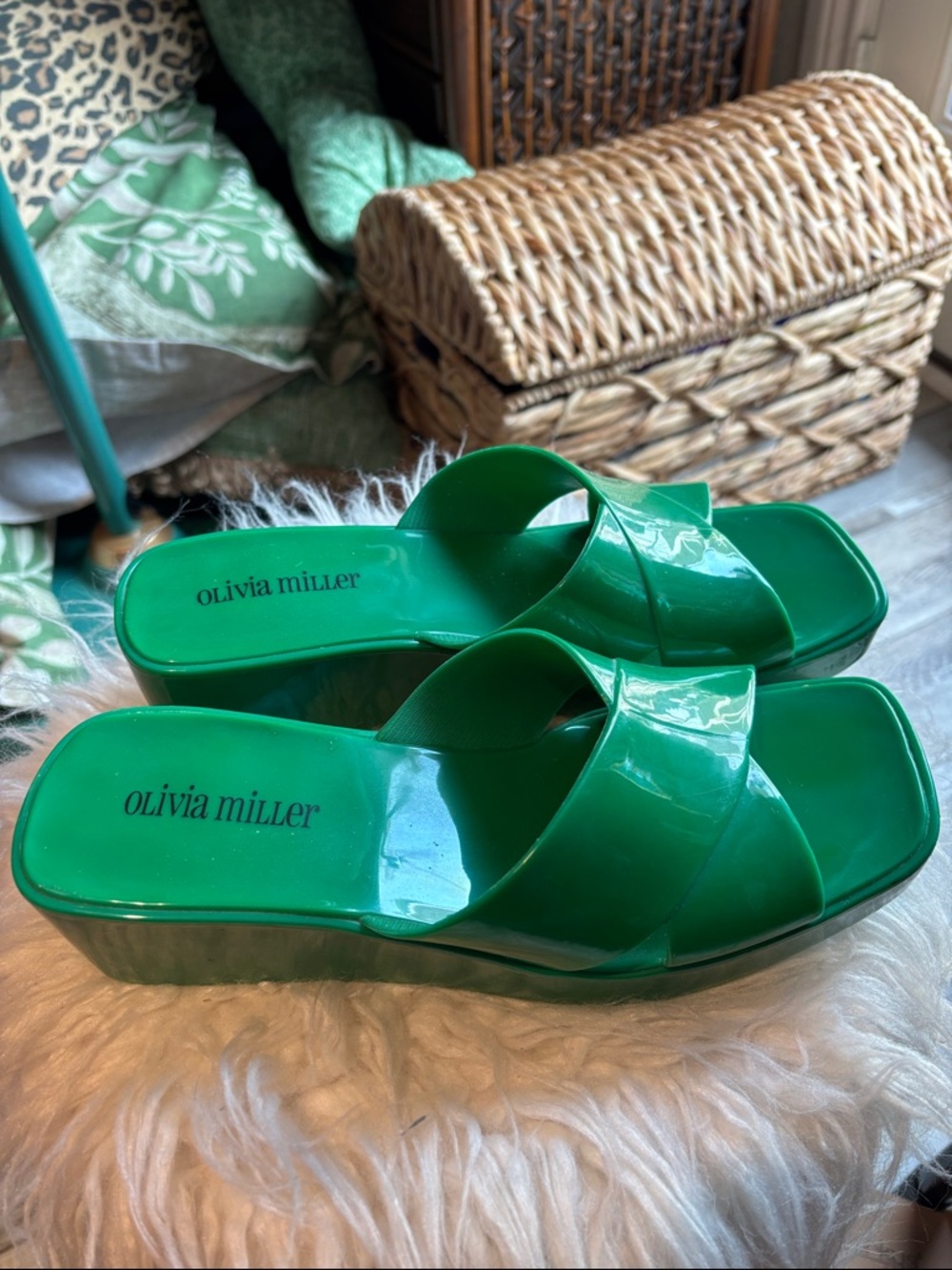 Olivia Miller Patent Green Platform Slide Wedges